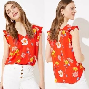 LOFT Red Floral V-Neck Blouse with Ruffle Sleeves